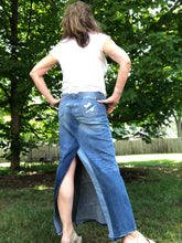 Load image into Gallery viewer, distressed torn denim patch fun maxi skirt, (size 28)
