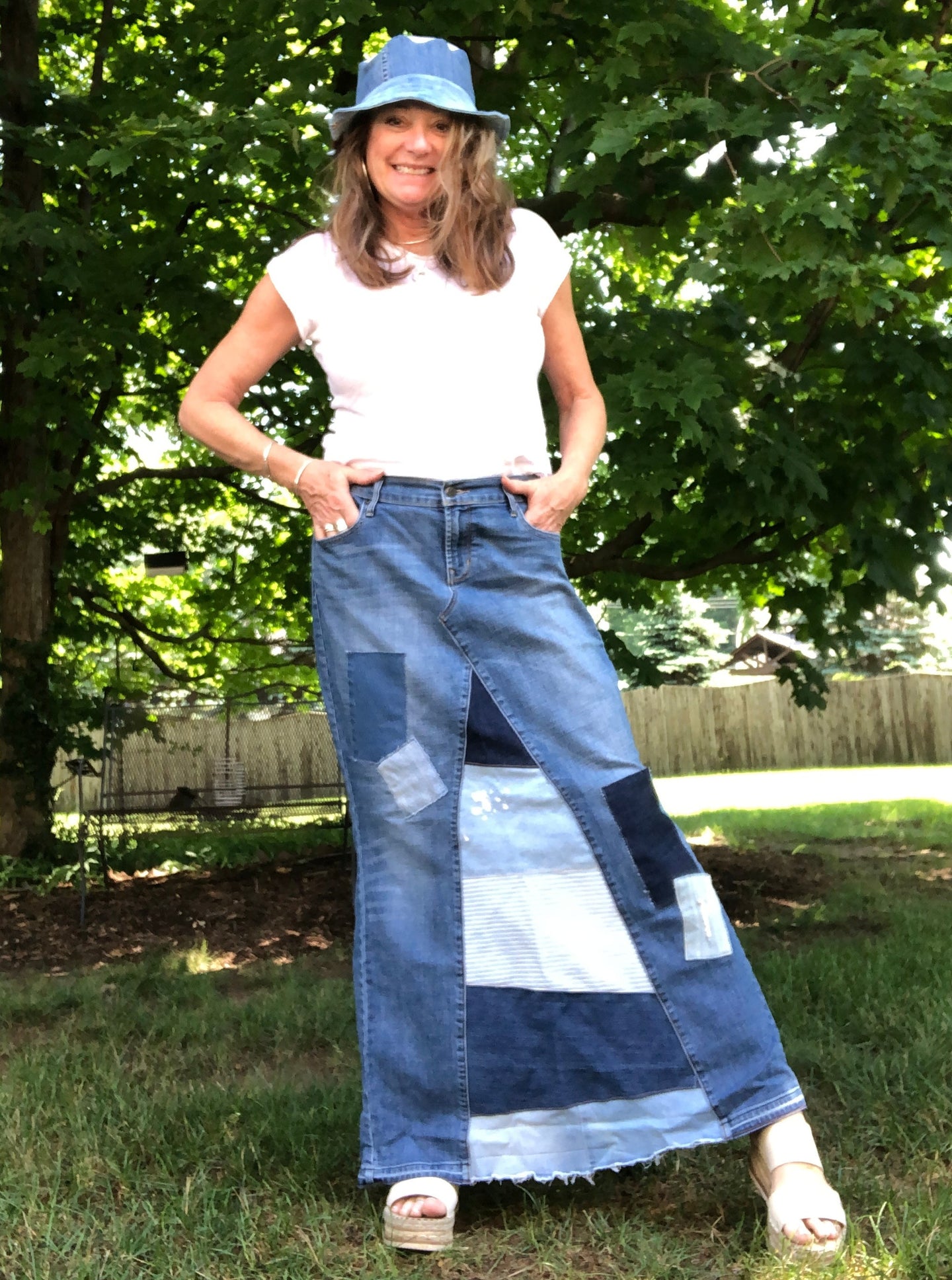 patch distressed denim maxi skirt, (size 30)