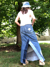 Load image into Gallery viewer, patch distressed denim maxi skirt, (size 30)
