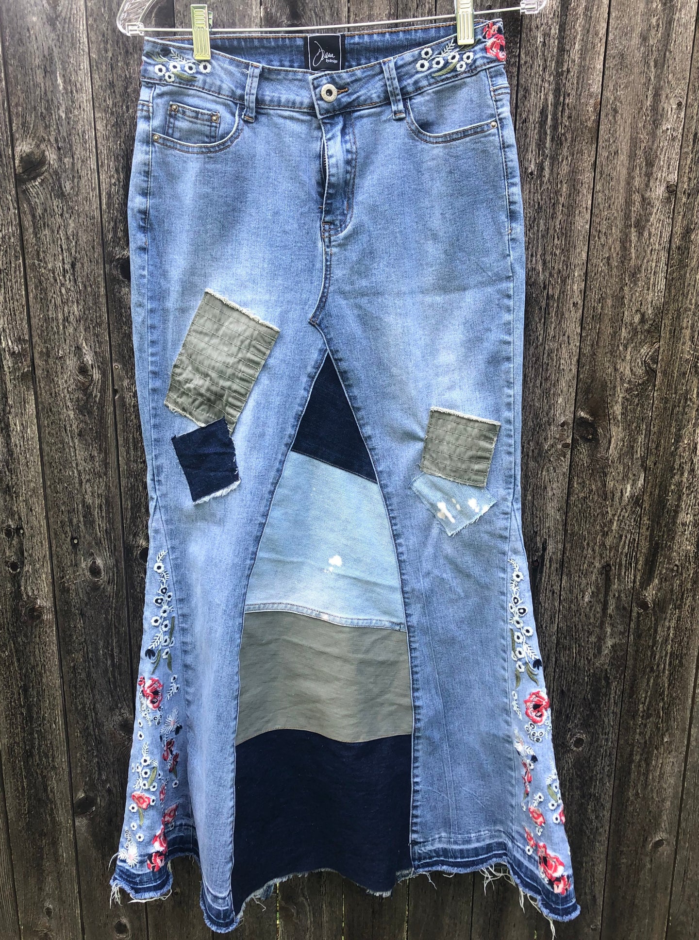 floral embroidered denim 70's bell maxi skirt, (size 27)