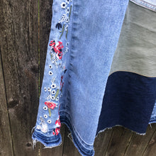 Load image into Gallery viewer, floral embroidered denim 70&#39;s bell maxi skirt, (size 27)
