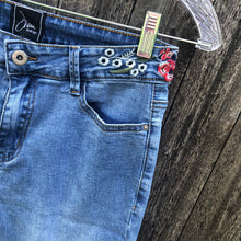 Load image into Gallery viewer, floral embroidered denim 70&#39;s bell maxi skirt, (size 27)
