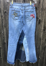 Load image into Gallery viewer, floral embroidered denim 70&#39;s bell maxi skirt, (size 27)
