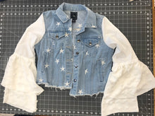 Load image into Gallery viewer, star embroidered denim jacket + floaty layered pompom bell sleeves
