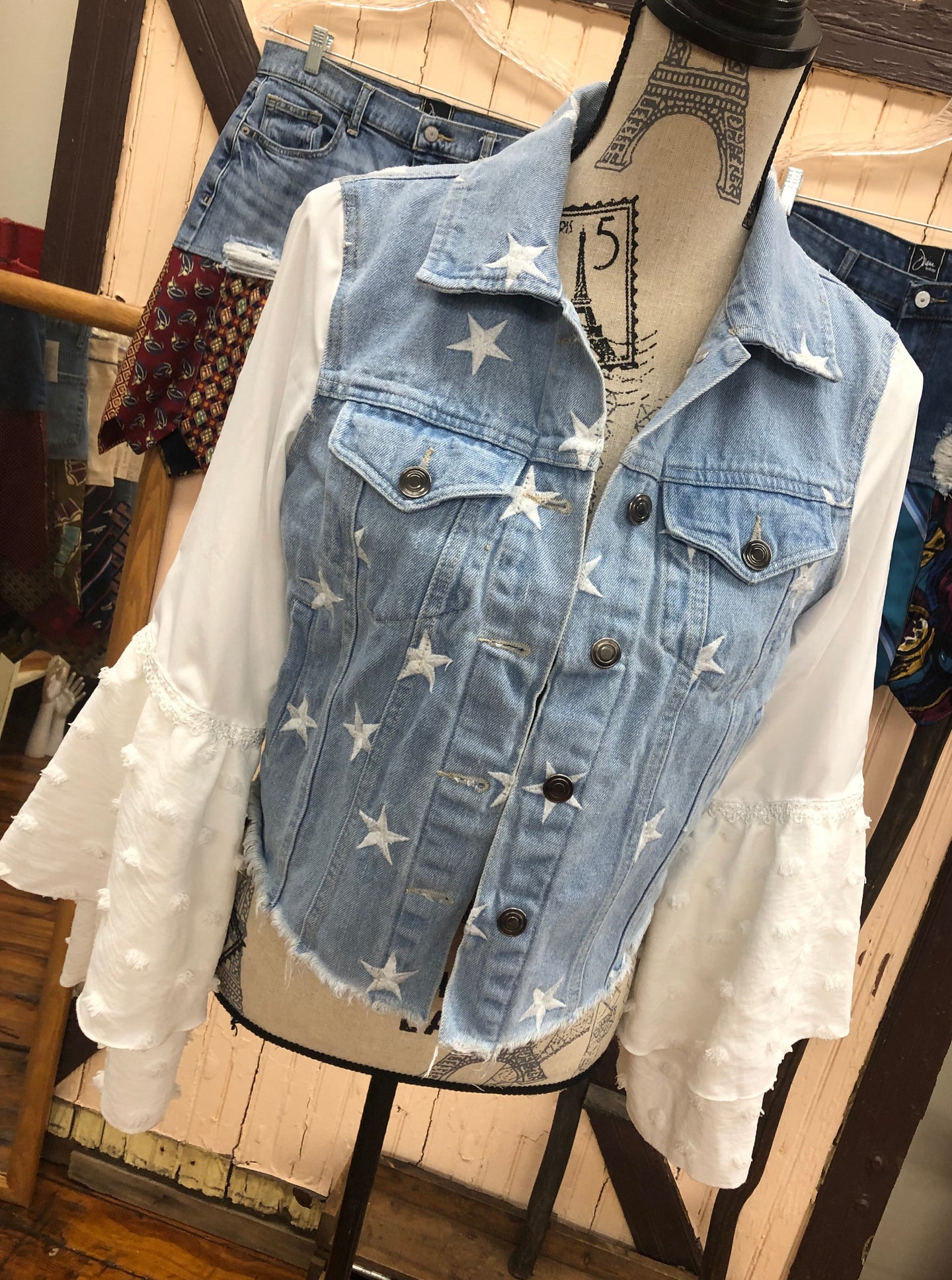 star embroidered denim jacket + floaty layered pompom bell sleeves