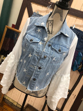 Load image into Gallery viewer, star embroidered denim jacket + floaty layered pompom bell sleeves
