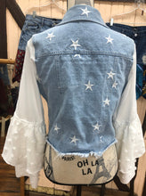 Load image into Gallery viewer, star embroidered denim jacket + floaty layered pompom bell sleeves
