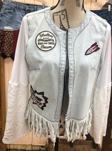 Load image into Gallery viewer, zip distressed fringed retro denim jacket + big lace bell sleeves
