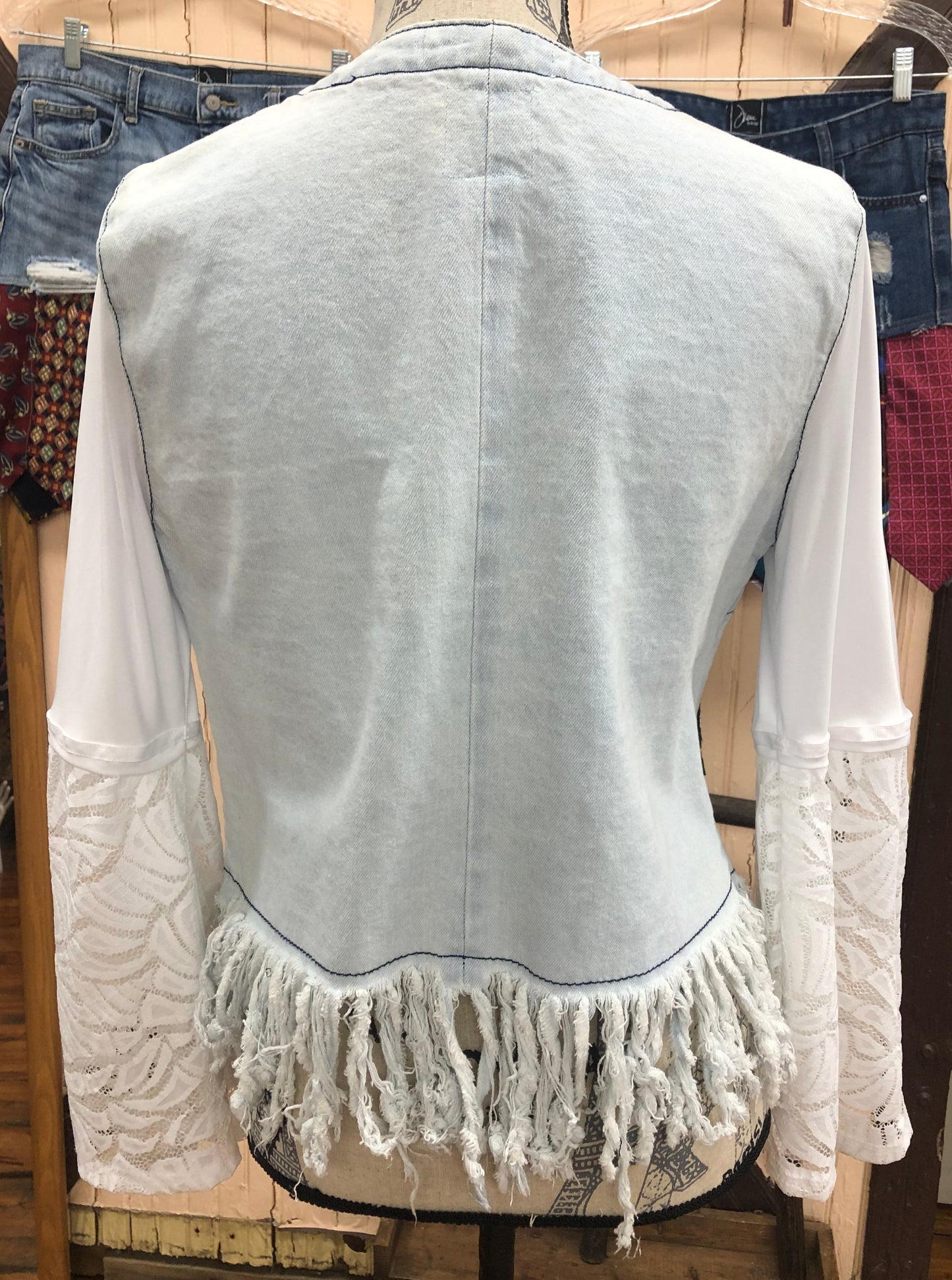 zip distressed fringed retro denim jacket + big lace bell sleeves