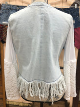 Load image into Gallery viewer, zip distressed fringed retro denim jacket + big lace bell sleeves
