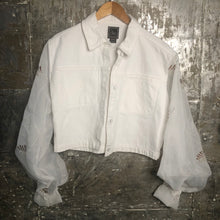 Load image into Gallery viewer, crop boxy white denim jacket + fun sheer bishop sleeves
