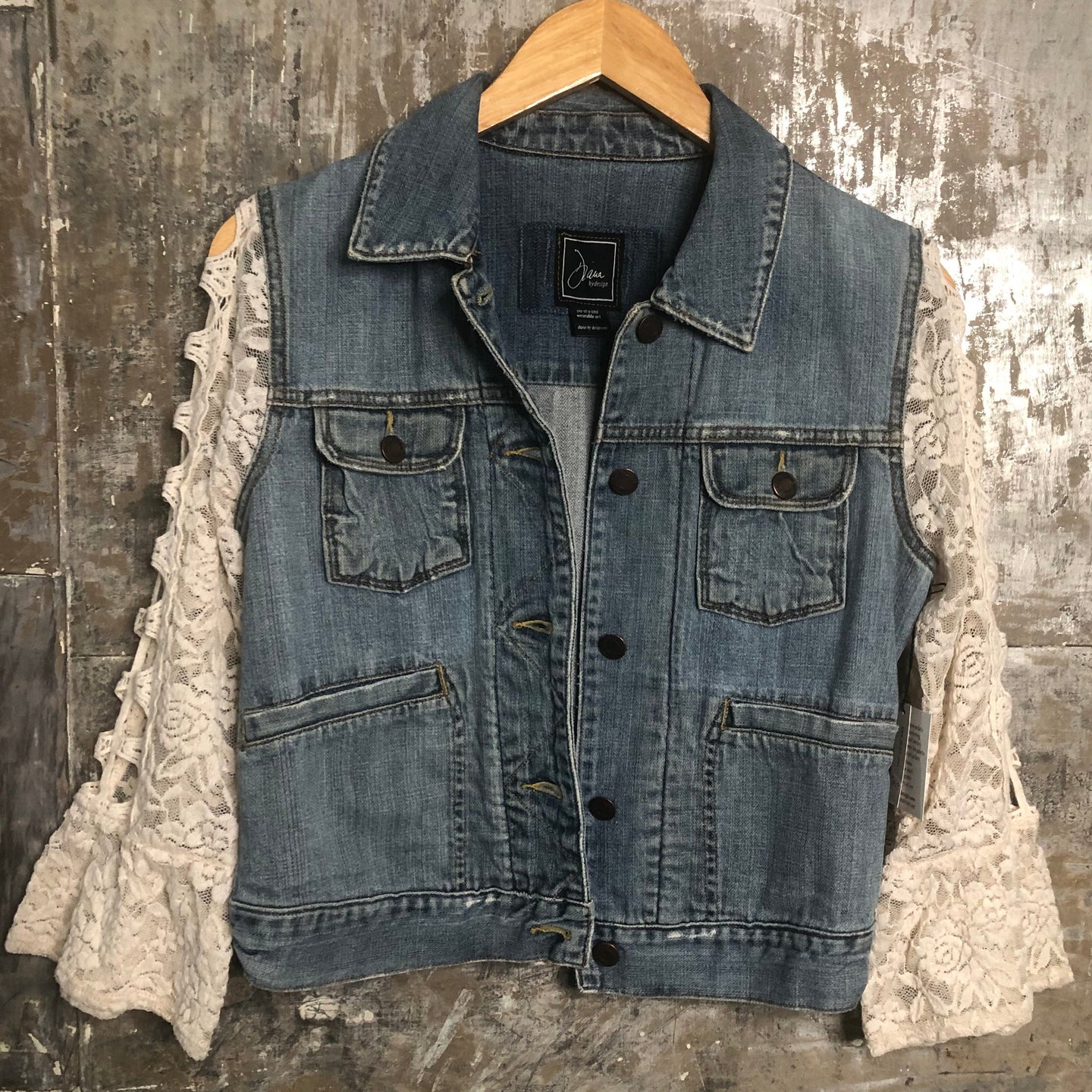 designer distressed denim jacket + lattice lace sleeves