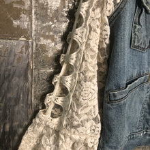 Load image into Gallery viewer, designer distressed denim jacket + lattice lace sleeves
