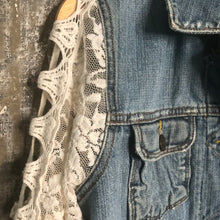 Load image into Gallery viewer, designer distressed denim jacket + lattice lace sleeves

