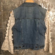 Load image into Gallery viewer, designer distressed denim jacket + lattice lace sleeves
