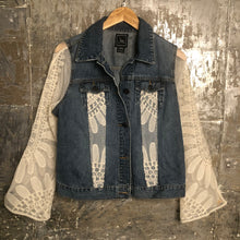 Load image into Gallery viewer, boxy feminine blue denim + mesh lace jacket
