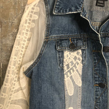 Load image into Gallery viewer, boxy feminine blue denim + mesh lace jacket
