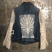 Load image into Gallery viewer, boxy feminine blue denim + mesh lace jacket
