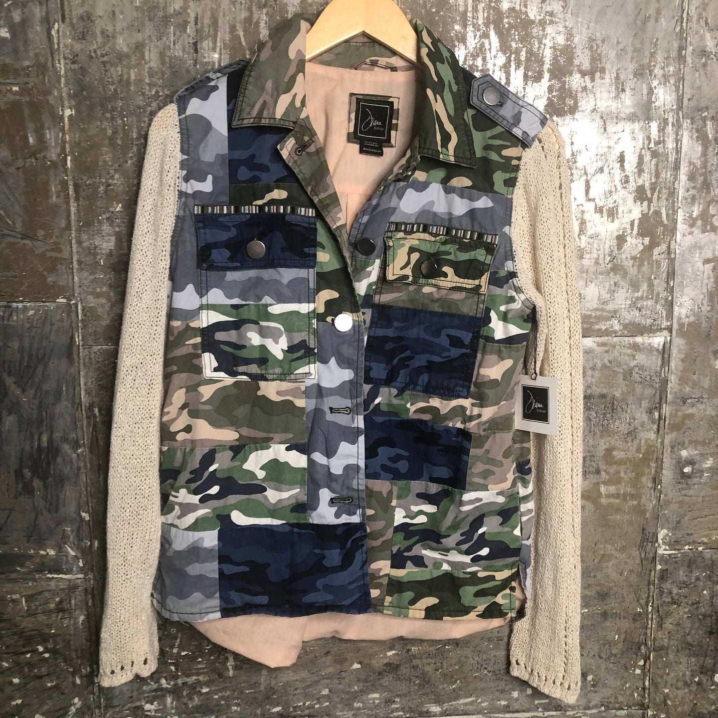 multi color fun camo shirt jacket + scooch knit sleeves