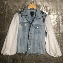 Load image into Gallery viewer, white eyelet balloon distressed embroidered denim jacket
