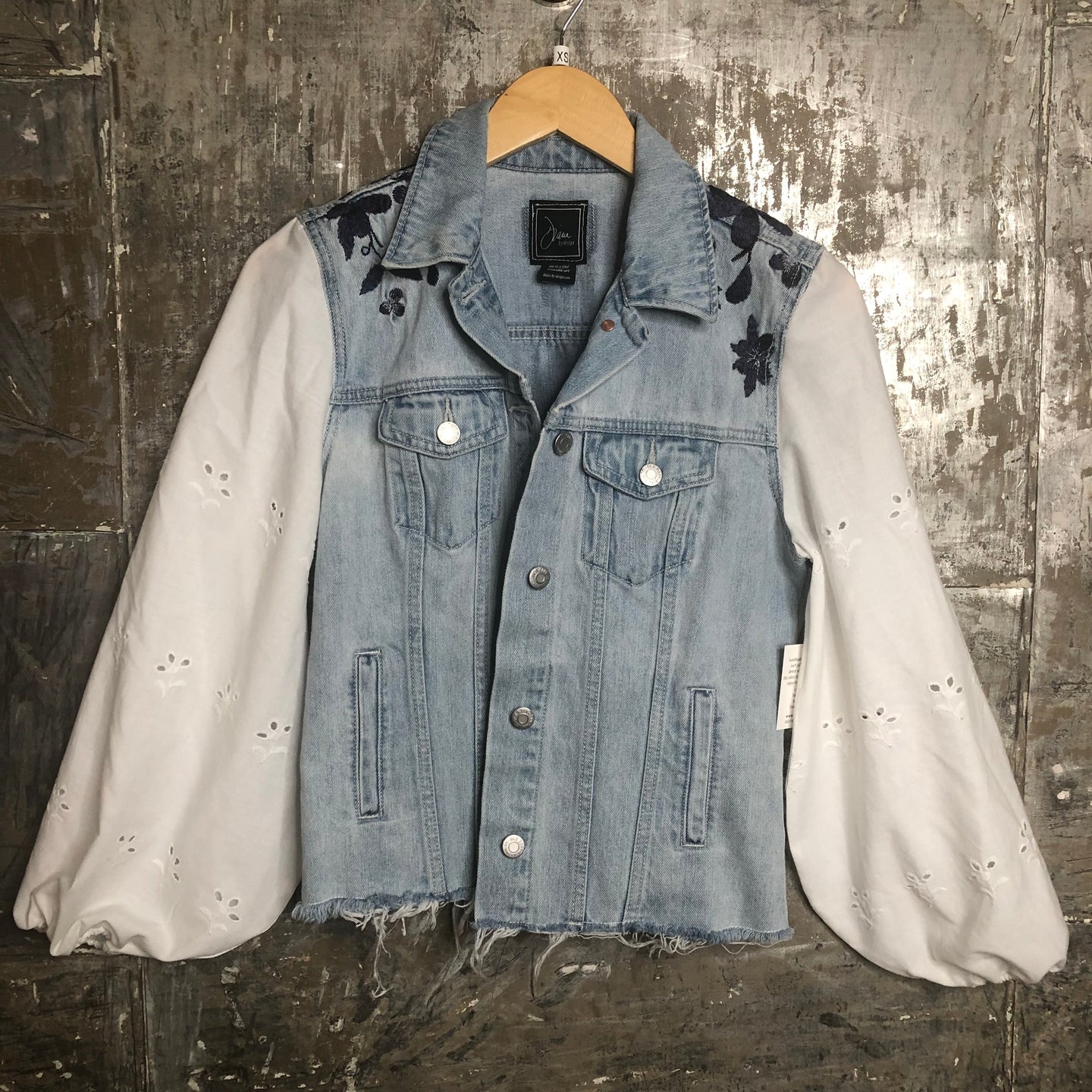 white eyelet balloon distressed embroidered denim jacket