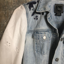 Load image into Gallery viewer, white eyelet balloon distressed embroidered denim jacket
