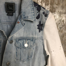 Load image into Gallery viewer, white eyelet balloon distressed embroidered denim jacket
