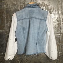 Load image into Gallery viewer, white eyelet balloon distressed embroidered denim jacket
