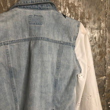Load image into Gallery viewer, white eyelet balloon distressed embroidered denim jacket
