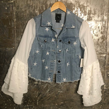 Load image into Gallery viewer, star embroidered denim jacket + floaty layered pompom bell sleeves
