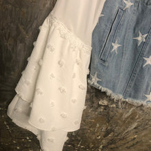 Load image into Gallery viewer, star embroidered denim jacket + floaty layered pompom bell sleeves
