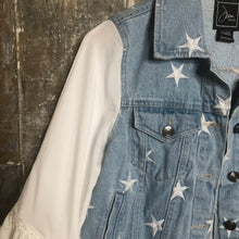 Load image into Gallery viewer, star embroidered denim jacket + floaty layered pompom bell sleeves
