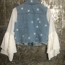 Load image into Gallery viewer, star embroidered denim jacket + floaty layered pompom bell sleeves
