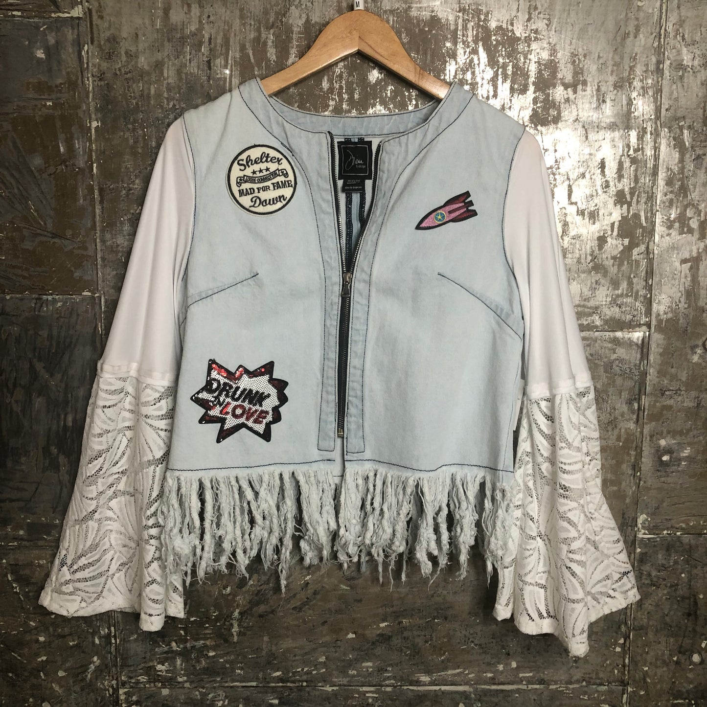 zip distressed fringed retro denim jacket + big lace bell sleeves