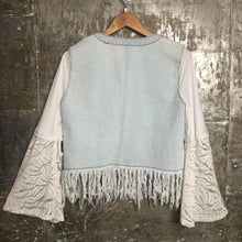 Load image into Gallery viewer, zip distressed fringed retro denim jacket + big lace bell sleeves
