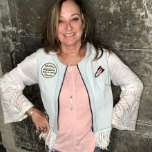 Load image into Gallery viewer, zip distressed fringed retro denim jacket + big lace bell sleeves
