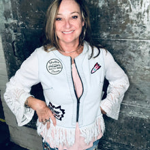 Load image into Gallery viewer, zip distressed fringed retro denim jacket + big lace bell sleeves
