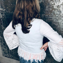 Load image into Gallery viewer, zip distressed fringed retro denim jacket + big lace bell sleeves
