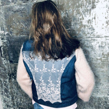 Load image into Gallery viewer, rosy sweater meets dark blue deniim

