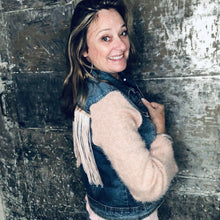 Load image into Gallery viewer, rosy sweater, fringe + distressed denim

