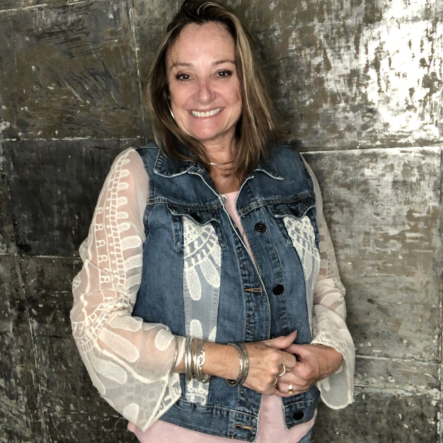 boxy feminine blue denim + mesh lace jacket