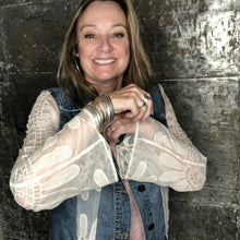 Load image into Gallery viewer, boxy feminine blue denim + mesh lace jacket
