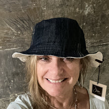 Load image into Gallery viewer, blue black light denim + white denim reversible bucket hat
