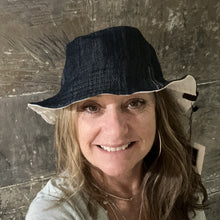 Load image into Gallery viewer, blue black light denim + white denim reversible bucket hat
