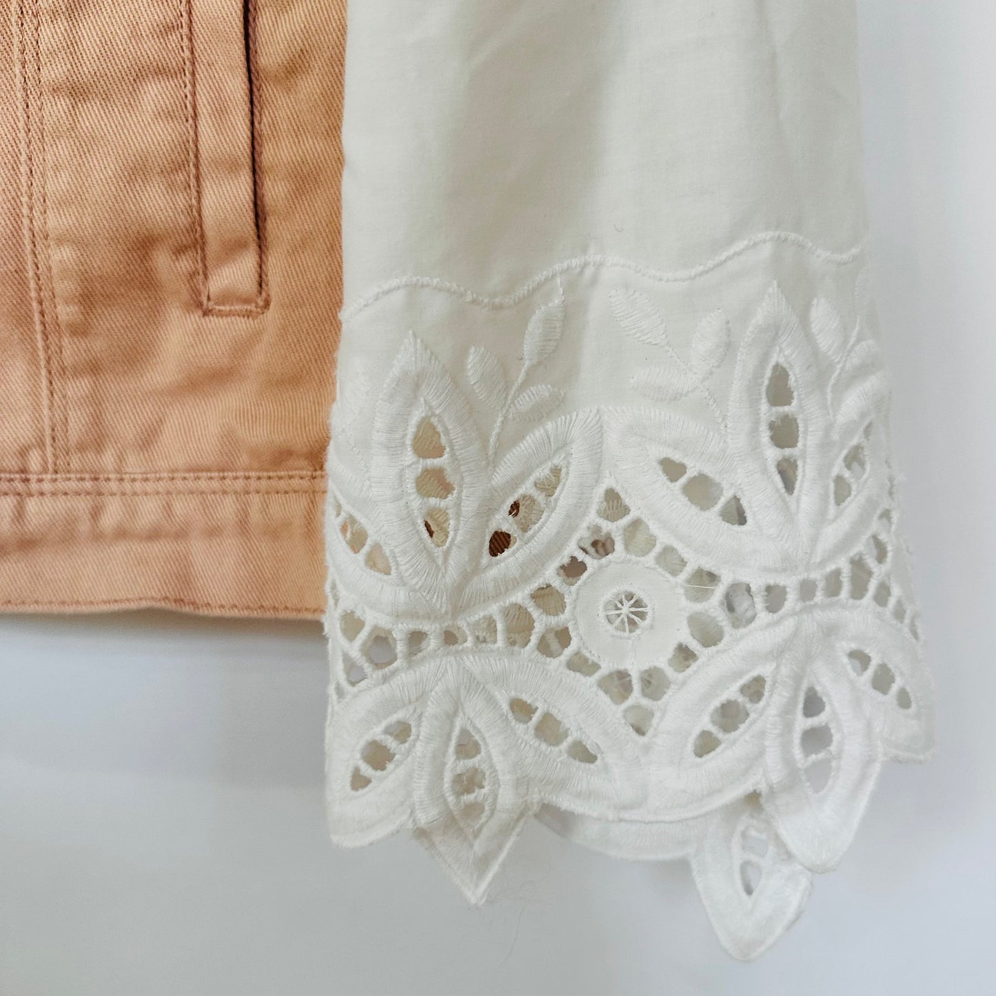 white lace + coral distressed denim [l]