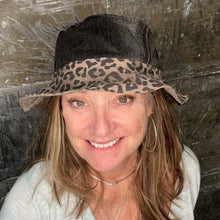 Load image into Gallery viewer, black cheetah denim + brown denim reversible bucket hat
