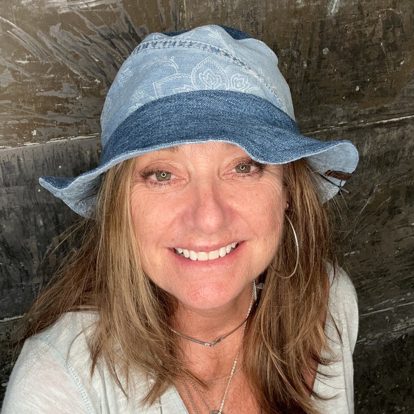 blue denim + light floral print reversible bucket hat