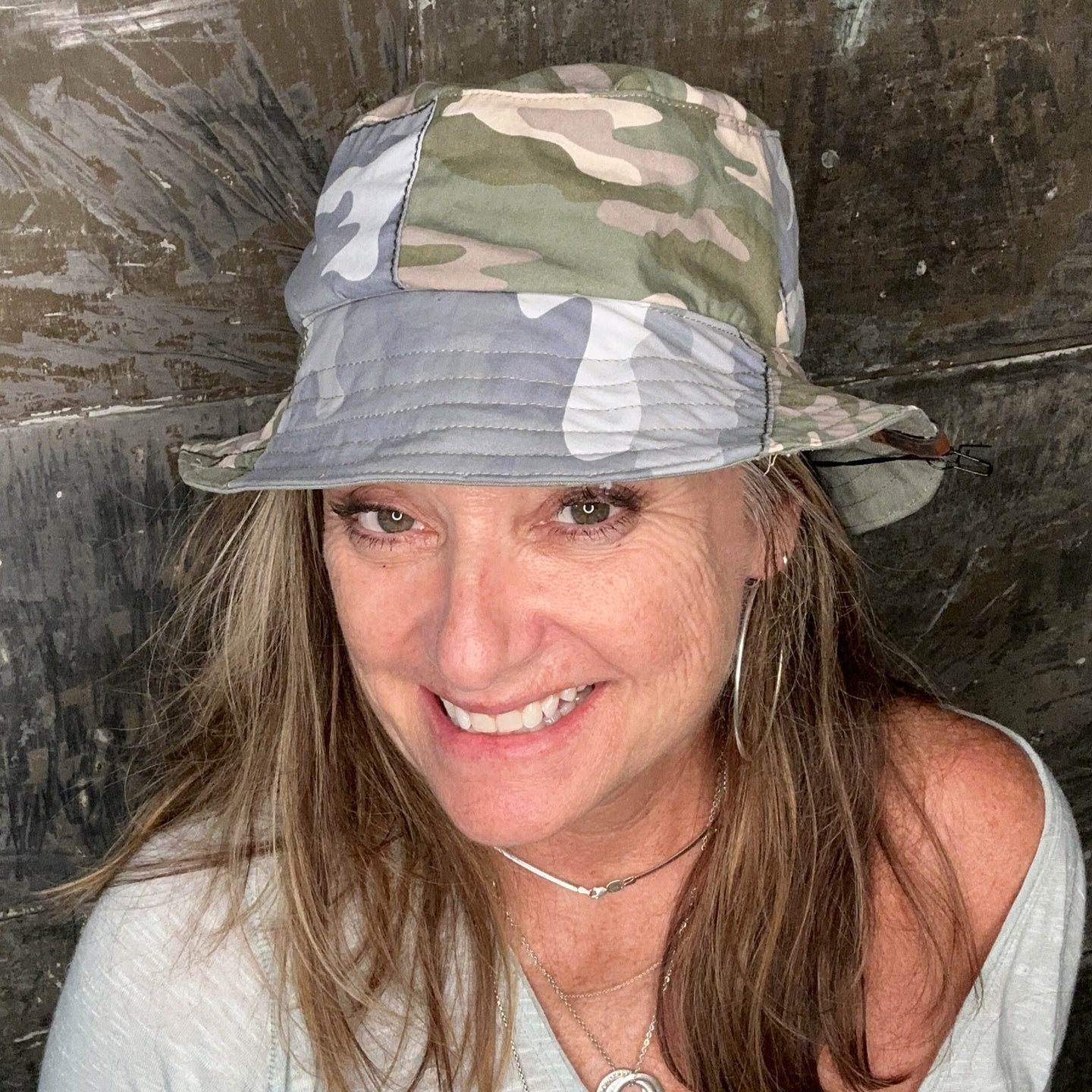 colorful camo patches + olive denim reversible bucket hat