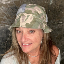 Load image into Gallery viewer, colorful camo patches + olive denim reversible bucket hat
