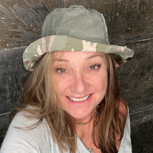 Load image into Gallery viewer, colorful camo patches + olive denim reversible bucket hat
